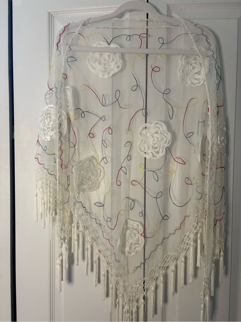 Sheer Wrap Shawl Handmade Embroidered Floral Fringe